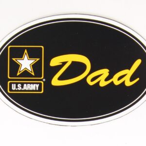 Black oval car magnet with U.S. Army, the star and dad written on it.
