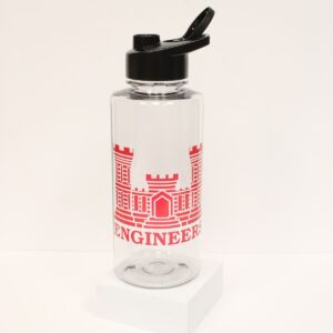 Clear 32 ounce plastic water bottle with a black pop up lid with the Army Engineer castle logo with Engineers written below it.