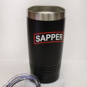 A black travel coffee up with a stainless-steel interior and plastic sippy lid that screws onto the top with the Army sapper tab logo on the side.