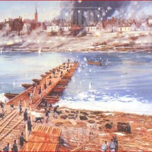 A limited edition print picturing the Battle at Fredriskburg on December 11, 1862 on the east bank of the rappahannock River with Engineers from the fifteenth New York Engineers being unsuccessful at completing the pontoon bridge while under fire.