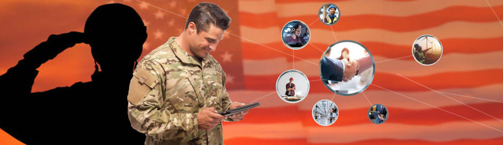 Graphic image of a shadow soldier, with a male soldier looking down at an ipad with bubble images popping out with different career figures in the bubbles.