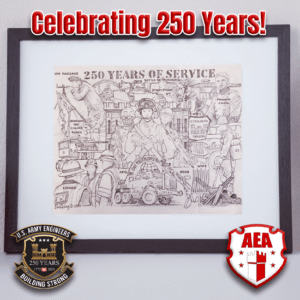 Celebrate 250 years of Army Engineer excellence with this limited-edition commemorative print. The image features a detailed artwork by COL (R) Michael Solovey, honoring generations of service and resilience. Showcased on the print is the U.S. Army Engineers' 250th-anniversary emblem and the Army Engineer Association (AEA) shield. Only a limited number of standard prints and 25 artist proofs are available, making this a collector’s item. A call-to-action button invites viewers to click for more information