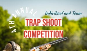 Image of a female trap shooter with information about the annual trap shoot event during regimental week on fort leonard wood.